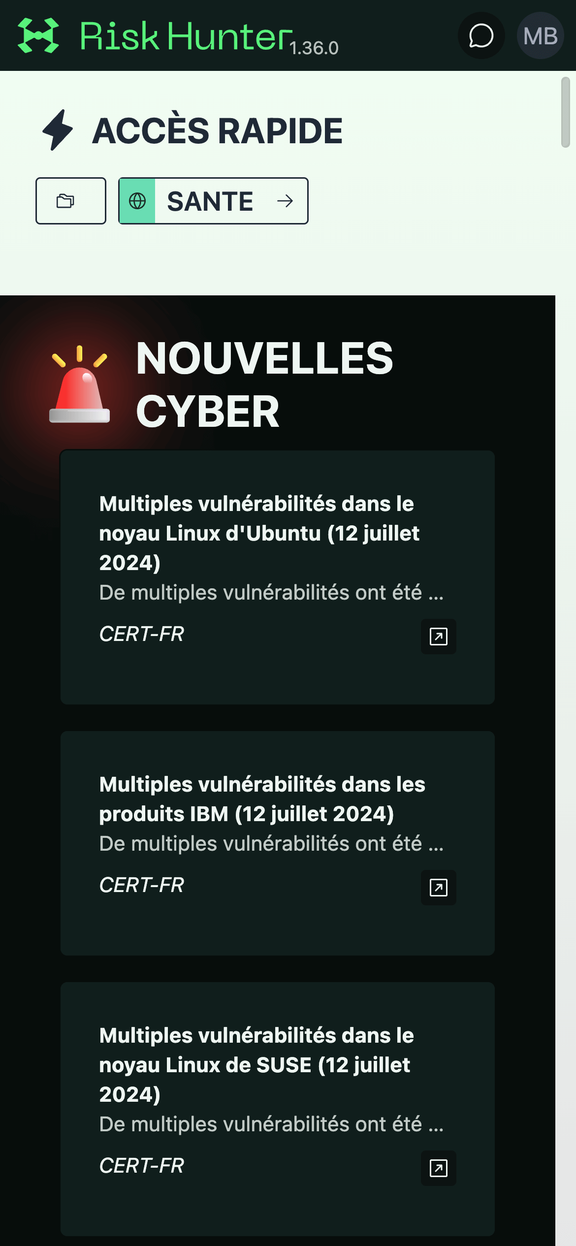 Captura de pantalla del panel de control de la aplicación Risk Hunter