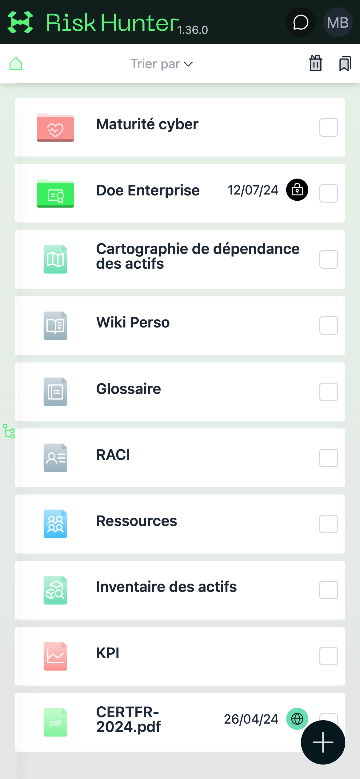 Captura de pantalla de la aplicación Risk Hunter con la vista de proyectos en curso